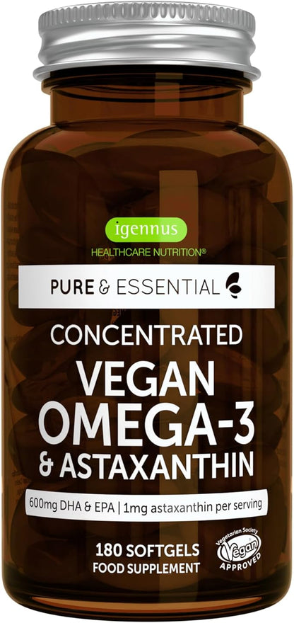 Vegan Omega-3 Natural Triglyceride Algae Oil, DHA & EPA Fatty Acid Supplement, 180 Small Softgels with Astaxanthin, Easy-to-Swallow, Pure & Sustainable, 90 Servings, by Igennus