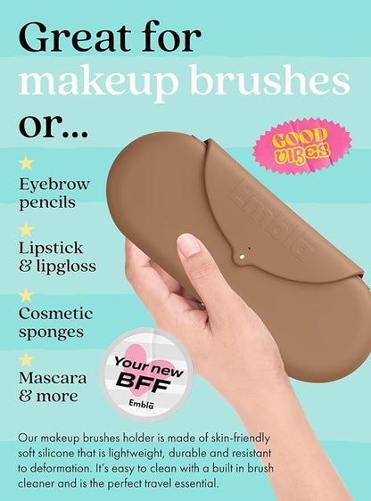 Embla Makeup Brush Holder Travel Cosmetic Case Pouch, Soft Silicone Cosmetic Bag Make Up Brushes Holder with Secure Snap Closure, Travel Makeup Brush Case, Latte