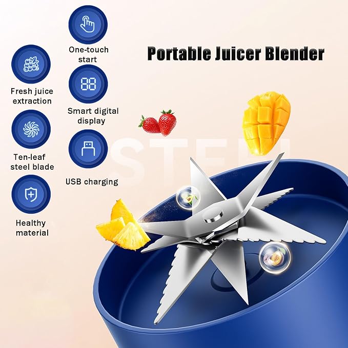 Juice Cup Blender Portable,Multifunctional Portable Juicer Cup,Portable Juicer Cup with Digital Display, Small Travel Blender for Shakes and Smoothies(Blue)