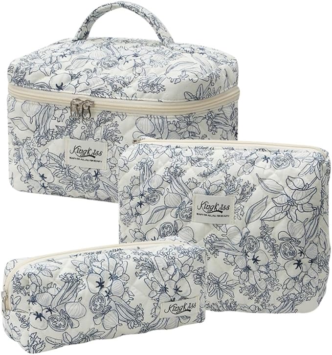 Quilted Makeup Bag Set 3 Pcs Cotton Cute Makeup Bags For Women Large Aesthetic Floral Cosmetic Bag Coquette Flower Makeup Pouch