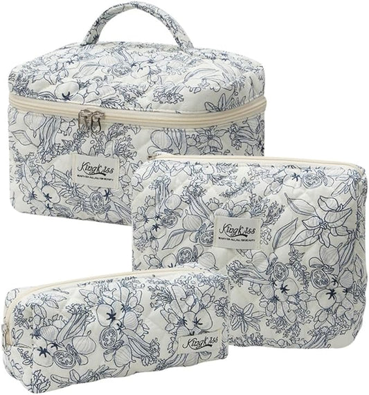 Quilted Makeup Bag Set 3 Pcs Cotton Cute Makeup Bags For Women Large Aesthetic Floral Cosmetic Bag Coquette Flower Makeup Pouch