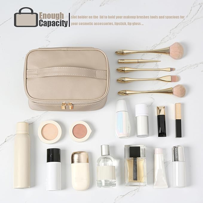 KITENROM Nature Makeup Bag,Premium Travel Makeup Organizer, Ideal Cosmetic Brush Bags Case for Women (Light Khaki)