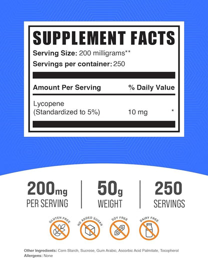 BulkSupplements.com Lycopene Powder - Lycopene Supplement, Lycopene 10mg - Antioxidants Supplement & Heart Health Supplement, Gluten Free, 200mg per Serving, 50g (1.8 oz)