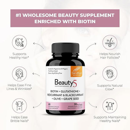 Sandhu's Beauty5 Capsules|60 Vegetarian Capsules| 30 Servings|Skincare Supplement| Supplement for Hair, Skin & Nail- Supports Collagen Synthesis| Keto & Vegan Friendly