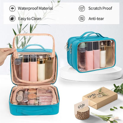 OCHEAL Makeup Bag, Double Layer Cosmetic Bag, Large Capacity New Look Clear Cosmetic Case for Women Travel Beauty Essentials, Multiple Compartments Makeup Case Organizer Zipper Pouch -Blue