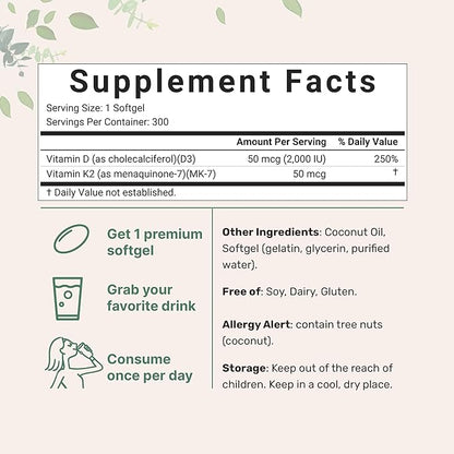 Micro Ingredients Vitamin D3 2,000 IU + K2 MK-7 50 mcg, 300 Softgels | Virgin Coconut Oil | 2-in-1 Bone, Immune & Heart Support | Easy to Swallow, Non-GMO