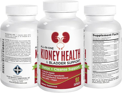 3-Month Kidney Health & Bladder Support Supplement (All-in-1) with 21 Active Ingredients - Supplements - Kidney Cleanse Detox - 90 Capsules