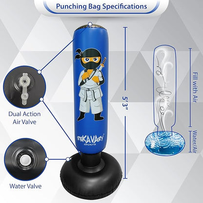 Punching Bag for Kids - 5' 3" Tall and Stable - Ninja Kids Inflatable Punching Bag Combo Kit with Kids Boxing Gloves, a Pump and Repair Kit. Boxing Bag for Immediate Bounce Back