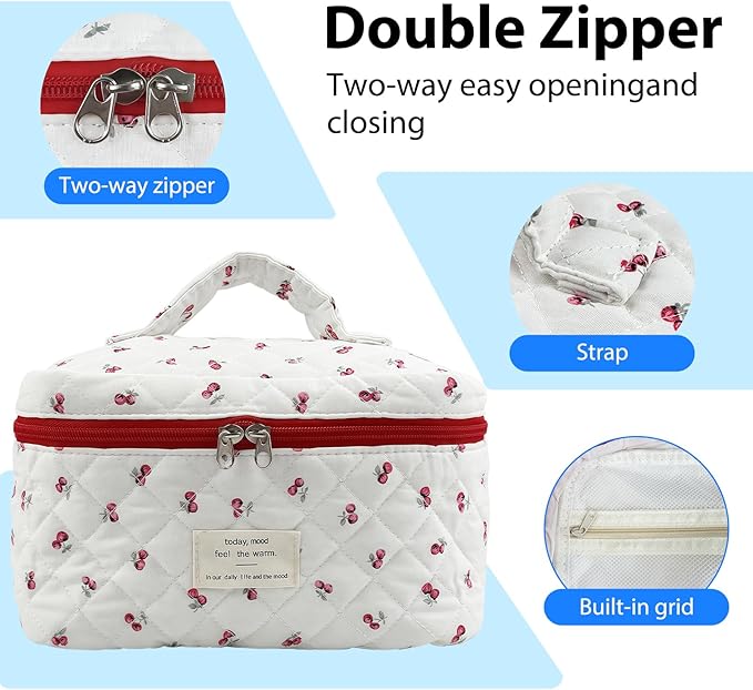 Cute Pink Cherry Quilted Makeup Bag, Large Capacity Travel Cosmetic Bag for Women and Girls, Aesthetic Storage for Daily and Travel Use,or for travel toiletry bag