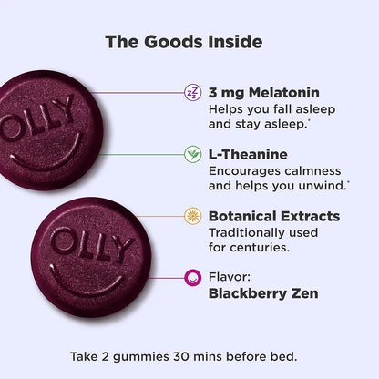 OLLY Sleep Gummy, 3 mg Melatonin, L-Theanine, Chamomile, Lemon Balm, Sleep Aid, Blackberry - 70 Count