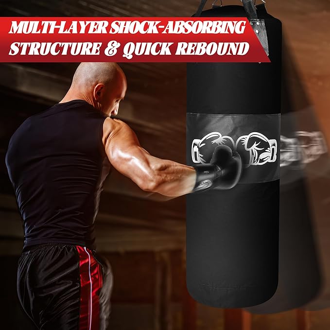 Punching Bag for Adults, Hanging Punching Bag with 12OZ Boxing Gloves, Chains, Wristband, Hand Grip Strengthener, Jump Rope, Heavy Boxing Bag for Training, Karate, Kickboxing, Muay Thai