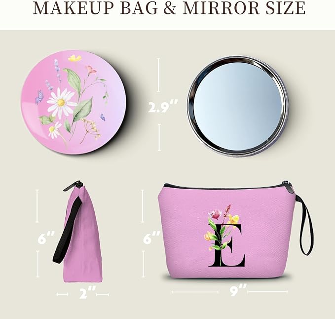 SEAMOON Women Birthday Unique Bride to be Bridal Shower Initial Gifts for Mom Sister Friend Her Teacher Aunt Makeup Cosmetic Bag with Mirror Mothers Day Christmas Graduation E