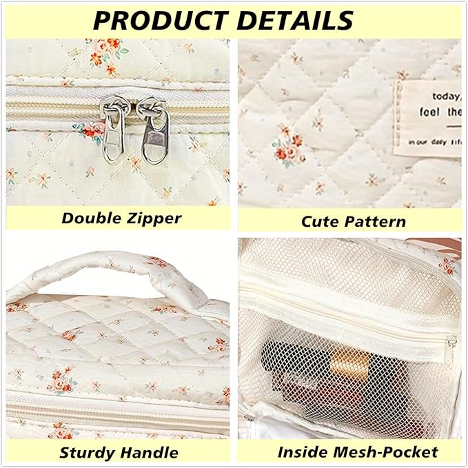 Quilted Cosmetic Bag Set, 3 PCS Cotton Floral Makeup Bags, Makeup Bag Set, Flower Travel Toiletry Organizer Bag, Coquette Makeup Pouch, Large Make Up Bag for Women (Small Flowers)