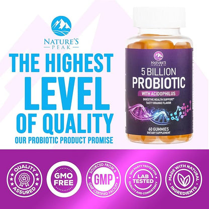 Probiotic Gummies for Women, Men & Teens - 5 Billion CFUs, 6 Probiotic Strains, Orange Flavor - Daily Probiotic Gummy Supplements for Natural Digestive Health, “Good” Gut & Immune Support - 60 Count
