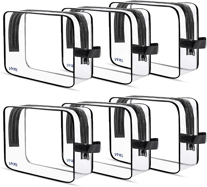 VYRL 6-Pack Clear Makeup Bags – Large Cosmetic Bags With Zipper TSA-Approved Quart-Size Toiletry Bags – Water-Resistant Durable PVC Pouches for Travel Essentials & Carry-On Accessories – Black