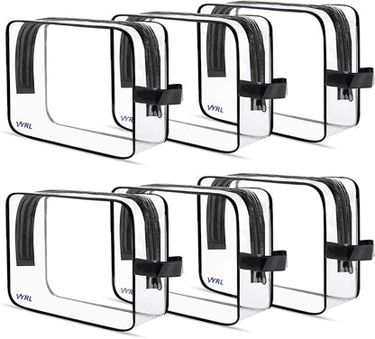 VYRL 6-Pack Clear Makeup Bags – Large Cosmetic Bags With Zipper TSA-Approved Quart-Size Toiletry Bags – Water-Resistant Durable PVC Pouches for Travel Essentials & Carry-On Accessories – Black