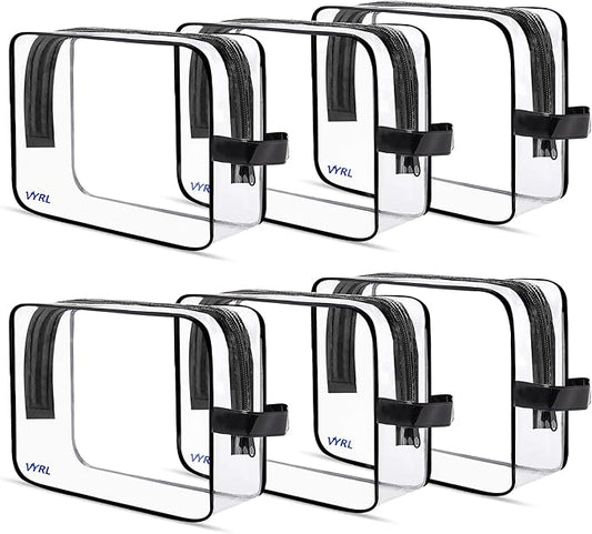 VYRL 6-Pack Clear Makeup Bags – Large Cosmetic Bags With Zipper TSA-Approved Quart-Size Toiletry Bags – Water-Resistant Durable PVC Pouches for Travel Essentials & Carry-On Accessories – Black
