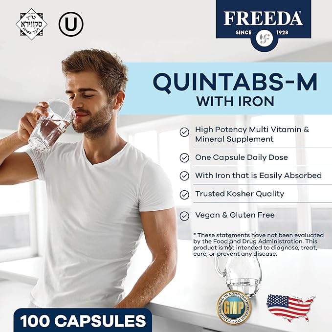 FREEDA Multivitamin – Quintabs-M with Iron – Kosher Multi Vitamins Supplements for Women Health - Multivitamins for Women & Iron-Deficient Men Adult Vitamins Multivitamin (100)