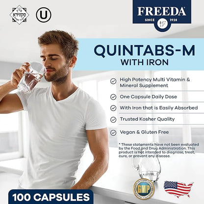FREEDA Multivitamin – Quintabs-M with Iron – Kosher Multi Vitamins Supplements for Women Health - Multivitamins for Women & Iron-Deficient Men Adult Vitamins Multivitamin (100)