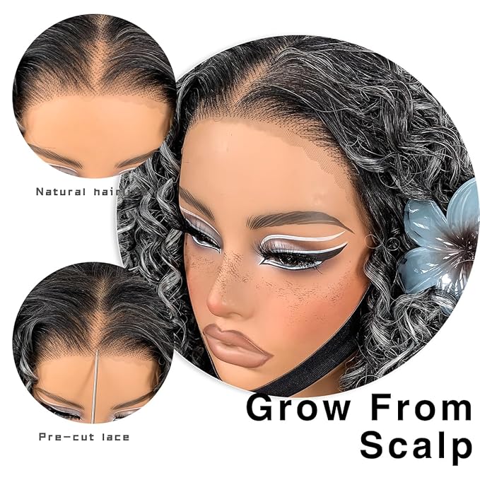 Grey Highlight Curly Wig Wear And Go Glueless Synthetic HD Lace Afro Wig 13x6 Black And White Skunk Stripe Kinky Curly