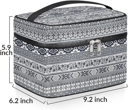Large Makeup Bag Travel Cosmetic Bags for Women Grey Vintage Boho Geometric Chevron Aztec Makeup Organizer Case Toiletry Bag for Girls Traveling Wide Open Portable Pouch with Handle