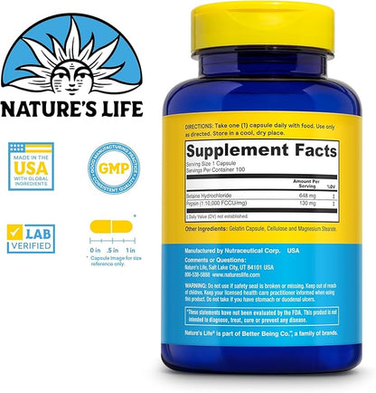 NATURE'S LIFE Betaine HCL with Pepsin - Digestive Health Formula with Digestive Enzymes for Gut Health Support - High Potency Hydrochloric Acid Supplement, 60-Day Guarantee, 100 Servings, 100 Capsules