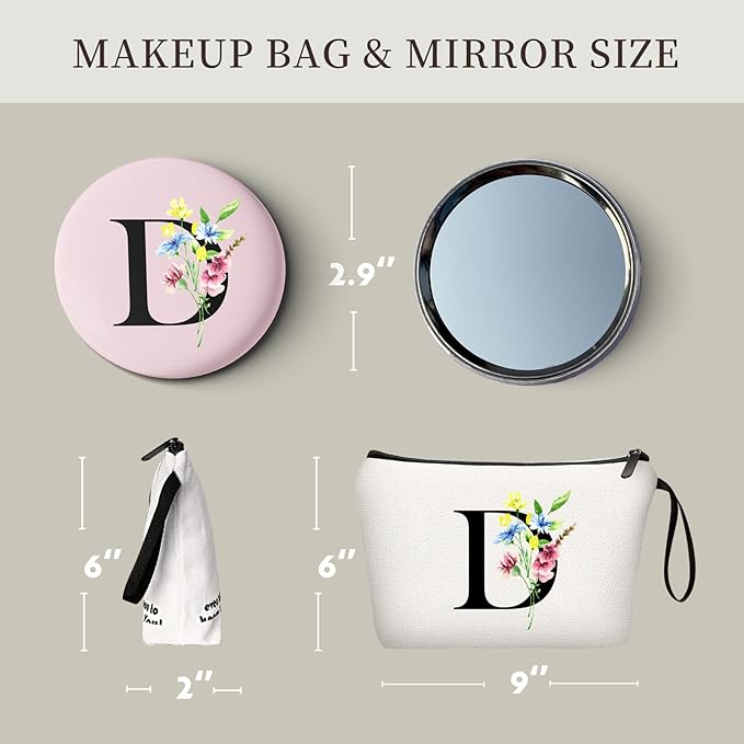 SEAMOON Women Birthday Unique Initial Funny Gifts for Teenage Girl Sister Friends Bridesmaid Personalized Travel Make up Cosmetic Bag with Mirror Valentines Mothers Day Christmas Graduation D