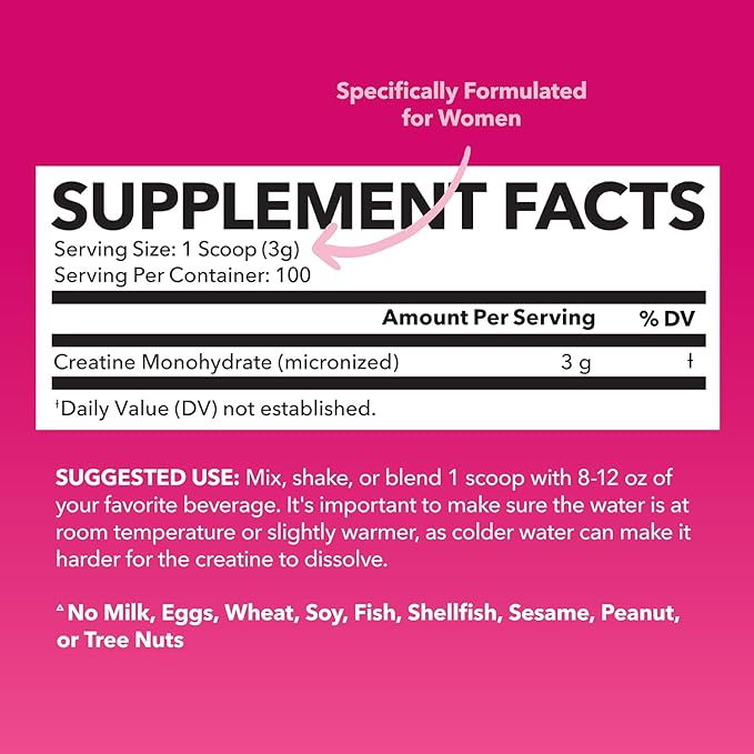 Creatine for Women With Micronized Creatine Monohydrate Powder for Post Workout Recovery Powder - Creatine for Women Booty Gain - 3g Unflavored, Non-GMO, Vegan Creatine Powder for Woman - 100 Servings