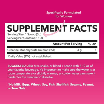 Creatine for Women With Micronized Creatine Monohydrate Powder for Post Workout Recovery Powder - Creatine for Women Booty Gain - 3g Unflavored, Non-GMO, Vegan Creatine Powder for Woman - 100 Servings
