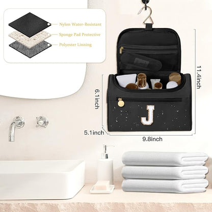 COSHAYSOO Cool First Communion Confirmation Gifts Baptism Dance Recital Trip Favor Gifts for Women Teen Girls Travel, Monogrammed Initial Hanging Toiletry Bag Waterproof Toiletries Black Letter J