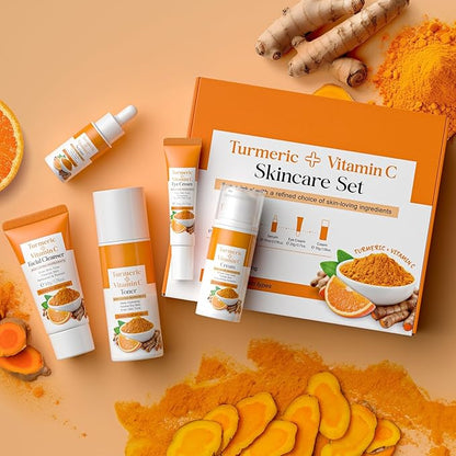 Skin Care Set, Turmeric Skincare Set for Acne Treament, Facial Turmeric Skin Care Sets & Kits for Teenage Girls with Turmeric Cleanser,Serum,Cream,Toner,Eye Cream, Facial Beauty Skincare Gifts
