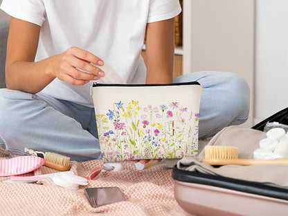 Cottagecore Watercolor Wildflowers Colorful Meadow Flowers Makeup Bag,Colorful Floral Cosmetic Bag Best Gift Idea for Flower Lovers Girls Women Mom,Birthday Mother's Day Gifts for Mom