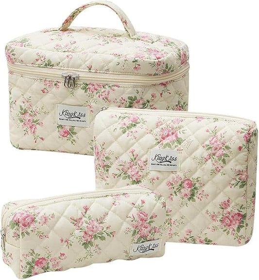 kingkiss Makeup Bag, Quilted Cosmetic Bag, Large Capacity Make Up Bag for Women, Cute Floral Storage Toiletry Bag Travel Storage Makeup Bag (Pink Flower)