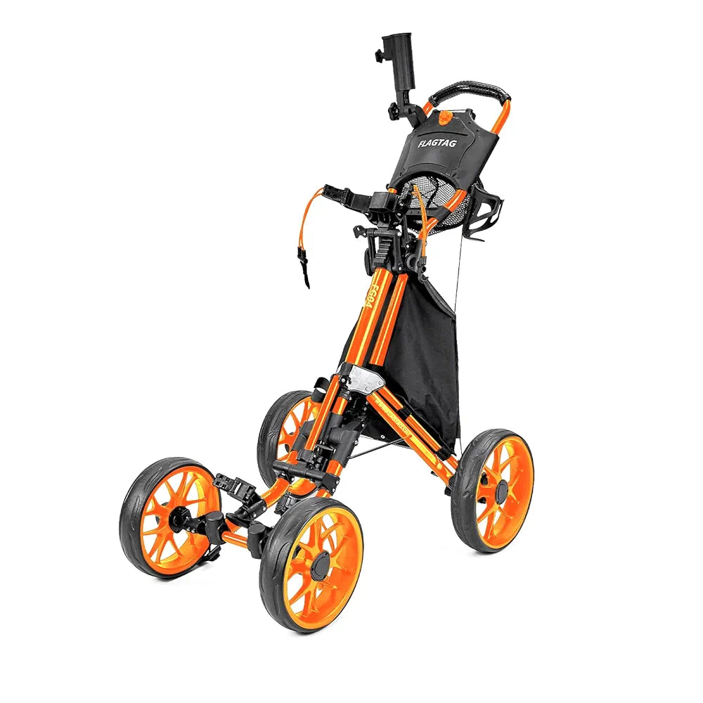 Golf Push Cart 4-Wheels,Folding Golf Cart, Golf Pull cart with Cup Holder,Umbrella Holder,Cooler Bag, Foldable with one-Click,Handle Height Adjustable,Drink Holder,Walking Push cart