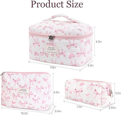 3Pcs Cotton Quilted Makeup Bag Set,Large Floral Cosmetic Bag，Aesthetic Toiletry Travel Makeup Bag Set and Cute Flower Bag for Women Girls (Love Bow)