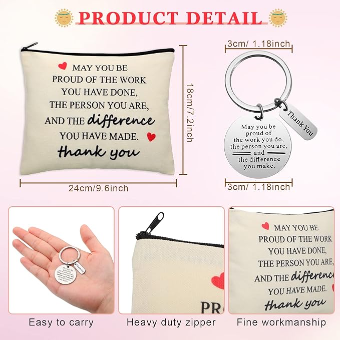 Geosar 16 Pcs Thank You Gifts Bulk Employee Appreciation Gifts with 8 Inspirational Makeup Bags and 8 Thank You Keychains for Mother's Day Nurse Week graduation Teachers Coworkers Volunteers Staff