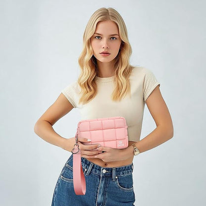 Quilted Cosmetic Bag, Puffer Makeup Bags, Crossbody Purses for women,Cute Travel Toiletry Bag for Women (Pink)