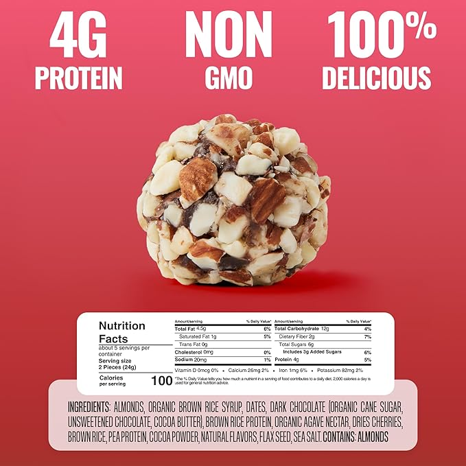 The Gluten Free Brothers Chocolate Cherry Almond Bites - Gluten Free Protein Balls – Non GMO, Soy Free, Vegan – Snack Size Plant Based Protein Energy Balls, 4 Oz (6 Count)