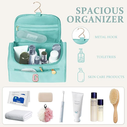 COSHAYSOO Unique Travel Gifts for Women Must Have Vacation Essentials Toiletries Accessories Bag Traveller Flight Traveling Necessities, Large Hanging Toiletry Case with Compartment Teal Blue Letter G