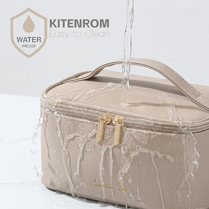 KITENROM Nature Makeup Bag,Premium Travel Makeup Organizer, Ideal Cosmetic Brush Bags Case for Women (Light Khaki)