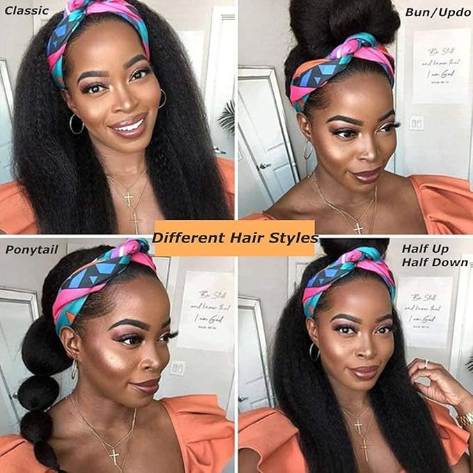 Headband Wigs Human Hair 180% Density 12A Kinky Straight Human Hair Headband Wigs For Black Women Yaki Straight Human Hair Wigs With Headband Attached Half Wig Natural Black Color 22 Inch