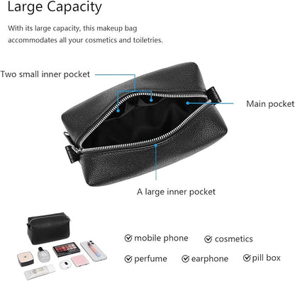 PU leather Organizer Bag Lightweight Cosmetic Bag with Ring Clasp Perfect Travel Makeup Bag for Women (Black/PU)