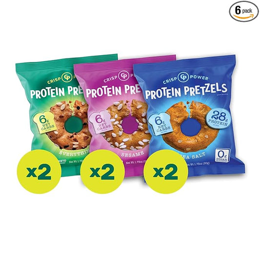 Crisp Power High Protein Pretzel Crisps - 6 Pack x 1.75 oz Crunchy & Flavorful Plant-Based Snack. No Sugar, 28g Protein Per Pack in 3 Savory Flavors, Vegan, Keto Friendly, Non-GMO, Kosher Non-Dairy (1.75 Ounce (Pack of 6), Mix)