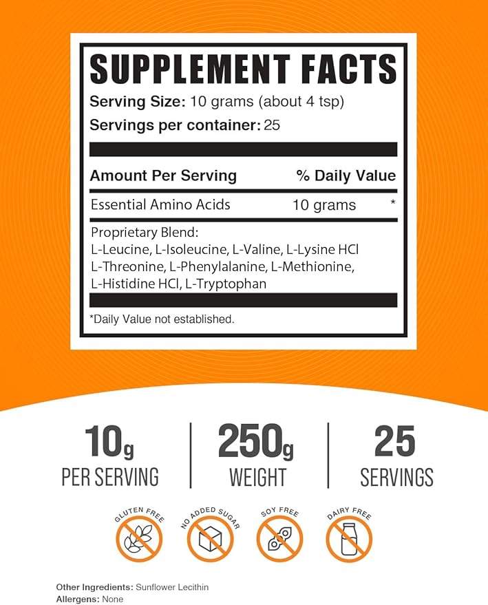 BulkSupplements.com Essential Amino Acids Powder - Essential Amino Acids Supplement, EAA Powder - Unflavored & Gluten Free, 10g of EAAs Amino Acids per Serving, 250g (8.8 oz) (Pack of 1)