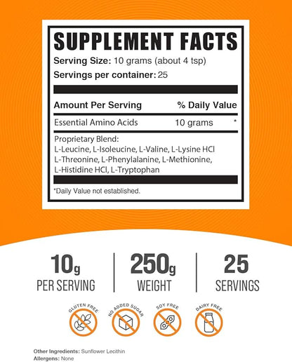 BulkSupplements.com Essential Amino Acids Powder - Essential Amino Acids Supplement, EAA Powder - Unflavored & Gluten Free, 10g of EAAs Amino Acids per Serving, 250g (8.8 oz) (Pack of 1)