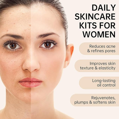 Collagen Skin Care Set, Anti Aging Skincare Set for Face, Shrink Pores, Hydrate & Firm Skin, 6 Pcs Individually Packaged Skincare Kits for Women with Cleanser, Toner, Lotion, Serum, Cream, Eye Cream.