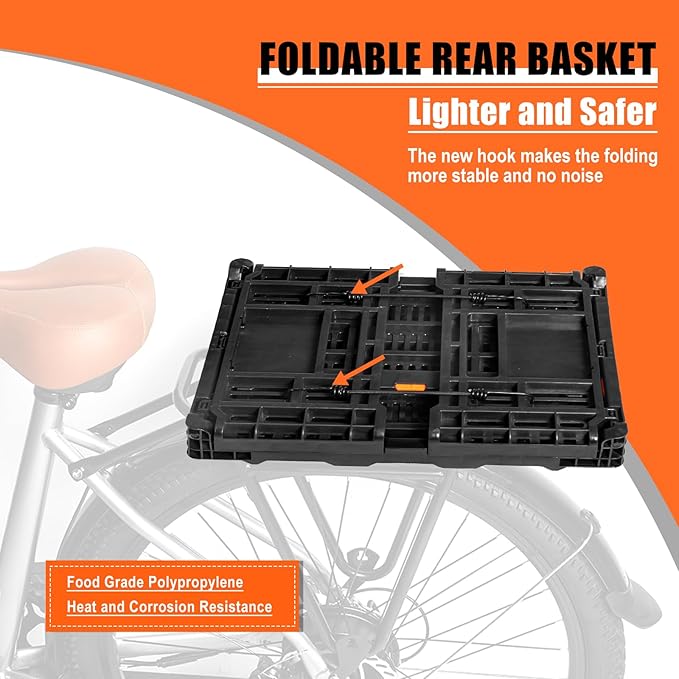 Bike Foldable Rear Basket, Rear Bicycle Cargo Rack, Ebike Storage Rear Basket with Large Capacity, Cargo Net and Rainproof Cover, Easy to Install. Resistant to Heat & Corrosion