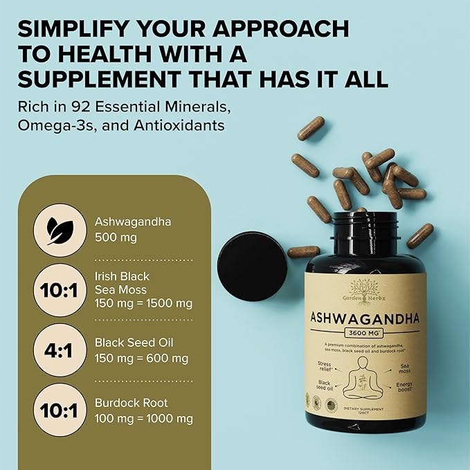Organic Ashwagandha Root & Irish Sea Moss – 3,600 mg Ashwagandha Supplement with Black Seed Oil, & Burdock Root – Herbal Supplement for Energy, Stress Relief, Extra Strength, 60 Caps