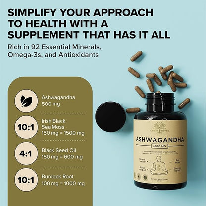 Organic Ashwagandha Root & Irish Sea Moss – 3,600 mg Ashwagandha Supplement with Black Seed Oil, & Burdock Root – Herbal Supplement for Energy, Stress Relief, Extra Strength, 60 Caps