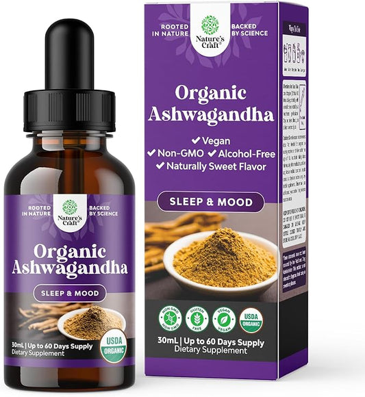 USDA Organic Ashwagandha Liquid Drops - Vegan Liquid Ashwagandha Root Extract for Energy Stress and Mood Support - Delicious Adaptogenic Pure Ashwagandha Tincture for Adults - Non-GMO & Alcohol Free